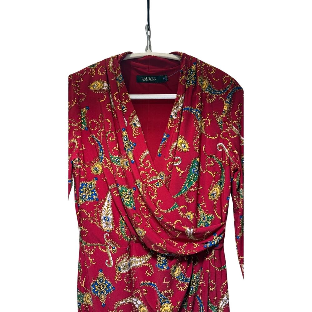 Lauren Ralph Lauren Red Paisley Faux Wrap Jersey Dress Size 10P - Picture 4 of 14